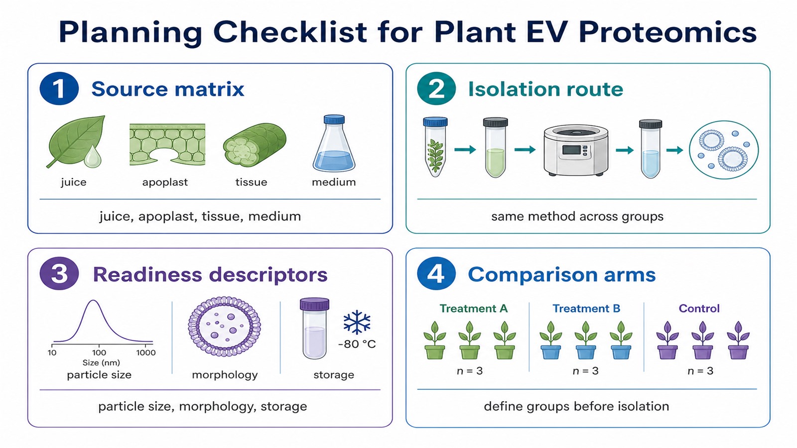 Planning checklist for plant extracellular vesicle proteomics covering source matrix, isolation route, readiness check, and matched groups Planning checklist for plant extracellular vesicle proteomics covering source matrix, isolation route, readiness check, and matched groups