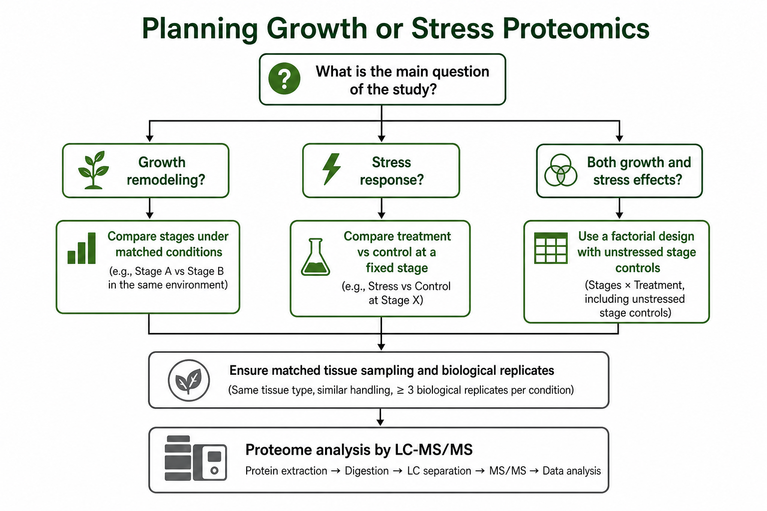 Decision path for growth versus stress questions in plant proteomics planning Decision path for growth versus stress questions in plant proteomics planning
