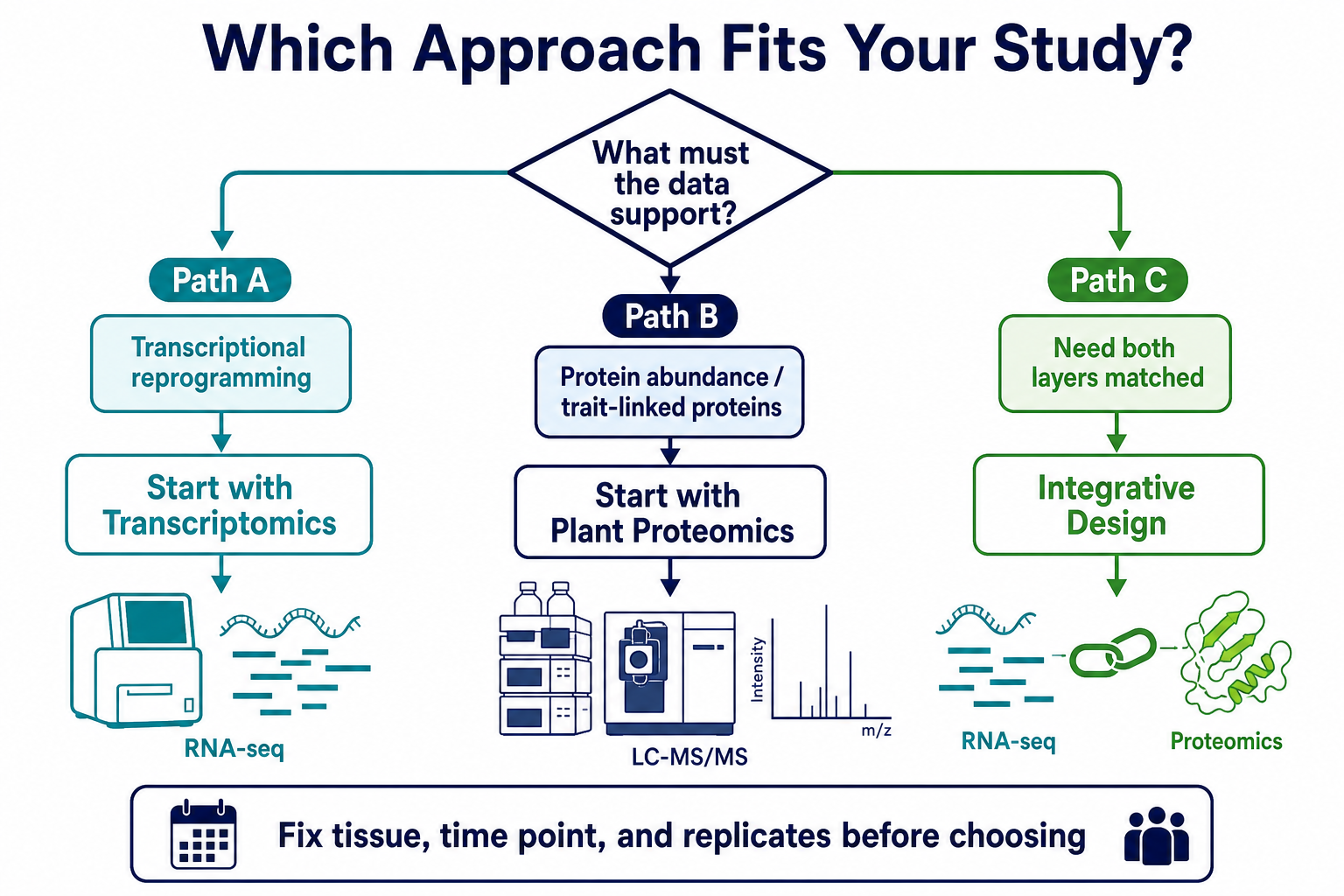 Decision paths for choosing plant transcriptomics plant proteomics or an integrative study design Decision paths for choosing plant transcriptomics plant proteomics or an integrative study design