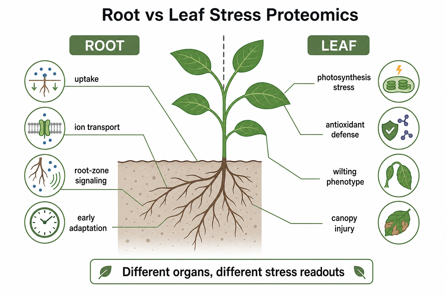 Root versus leaf proteomics capture different plant stress biology in standard plant proteomics projects Root versus leaf proteomics capture different plant stress biology in standard plant proteomics projects