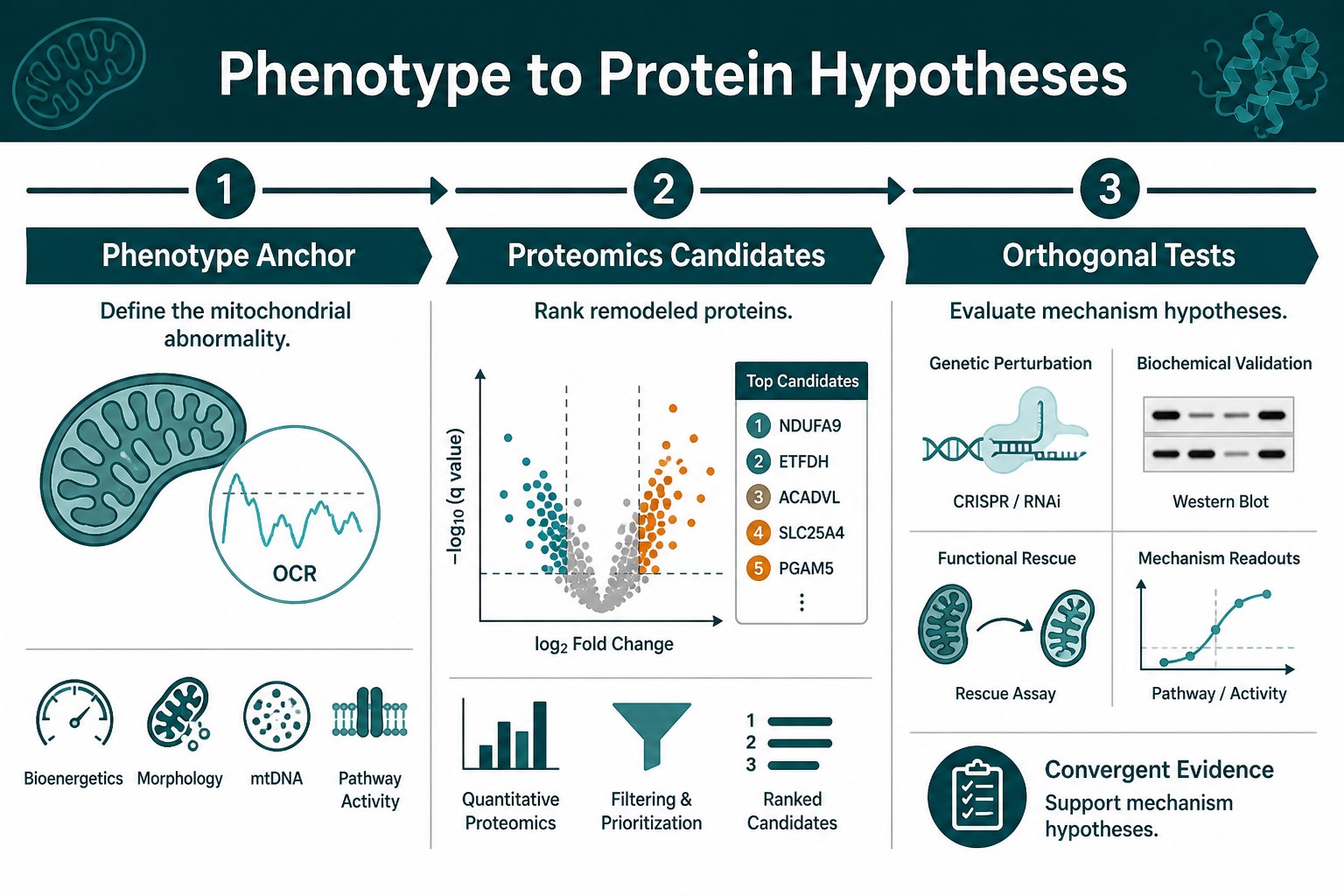 Evidence chain from dysfunction phenotype to tested protein hypotheses Evidence chain from dysfunction phenotype to tested protein hypotheses