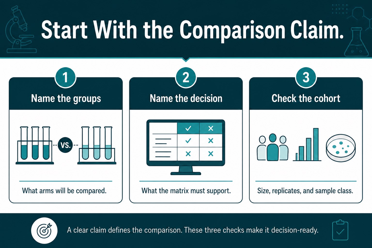 Define the group-comparison claim before choosing a quantitative strategy Define the group-comparison claim before choosing a quantitative strategy