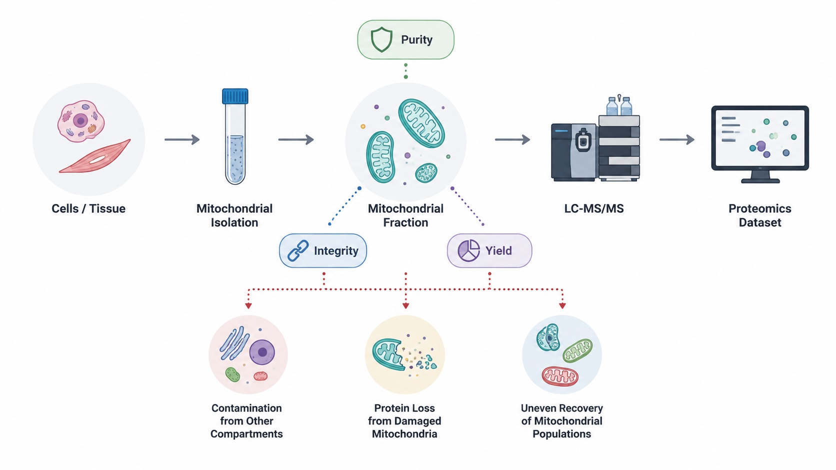 Mitochondrial isolation quality factors, including purity, integrity, and yield, can affect mitochondrial proteomics results.