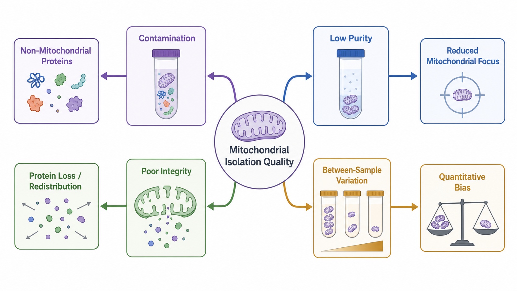 Conceptual schematic showing how mitochondrial isolation quality affects mitochondrial proteomics through contamination, low purity, poor integrity, and between-sample variation.