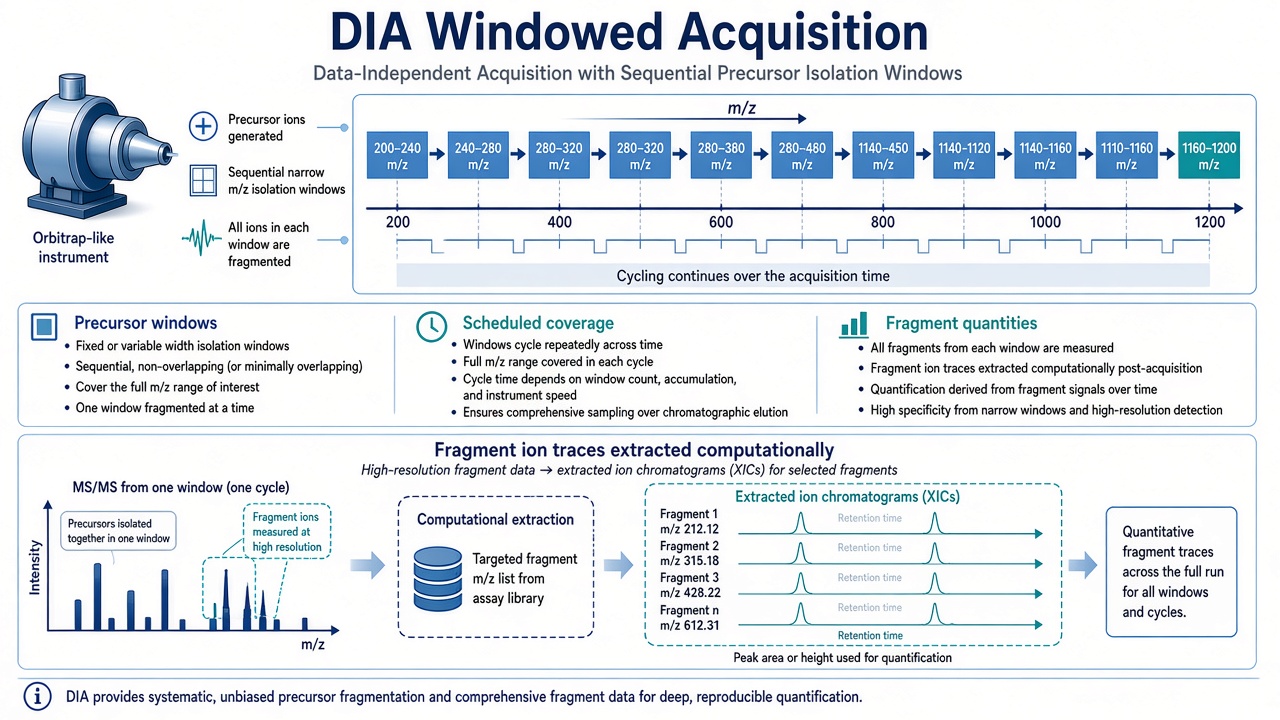 DIA windowed acquisition and fragment-ion extraction schematic DIA windowed acquisition and fragment-ion extraction schematic