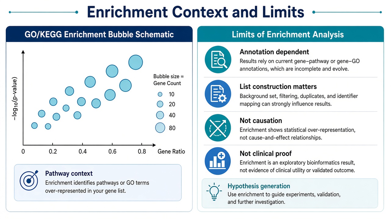 Enrichment provides pathway context but remains limited by annotation and list construction Enrichment provides pathway context but remains limited by annotation and list construction