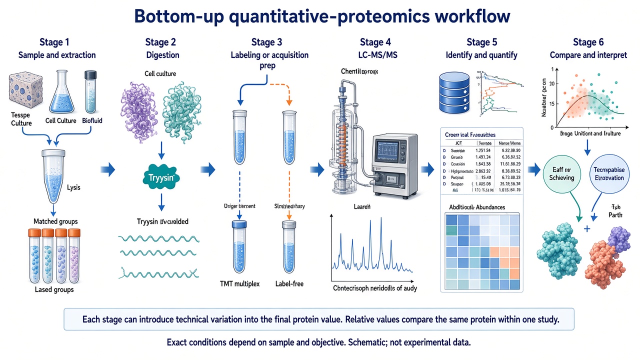 Quantitative proteomics workflow from protein extraction and digestion through LC-MS/MS to relative comparison Quantitative proteomics workflow from protein extraction and digestion through LC-MS/MS to relative comparison