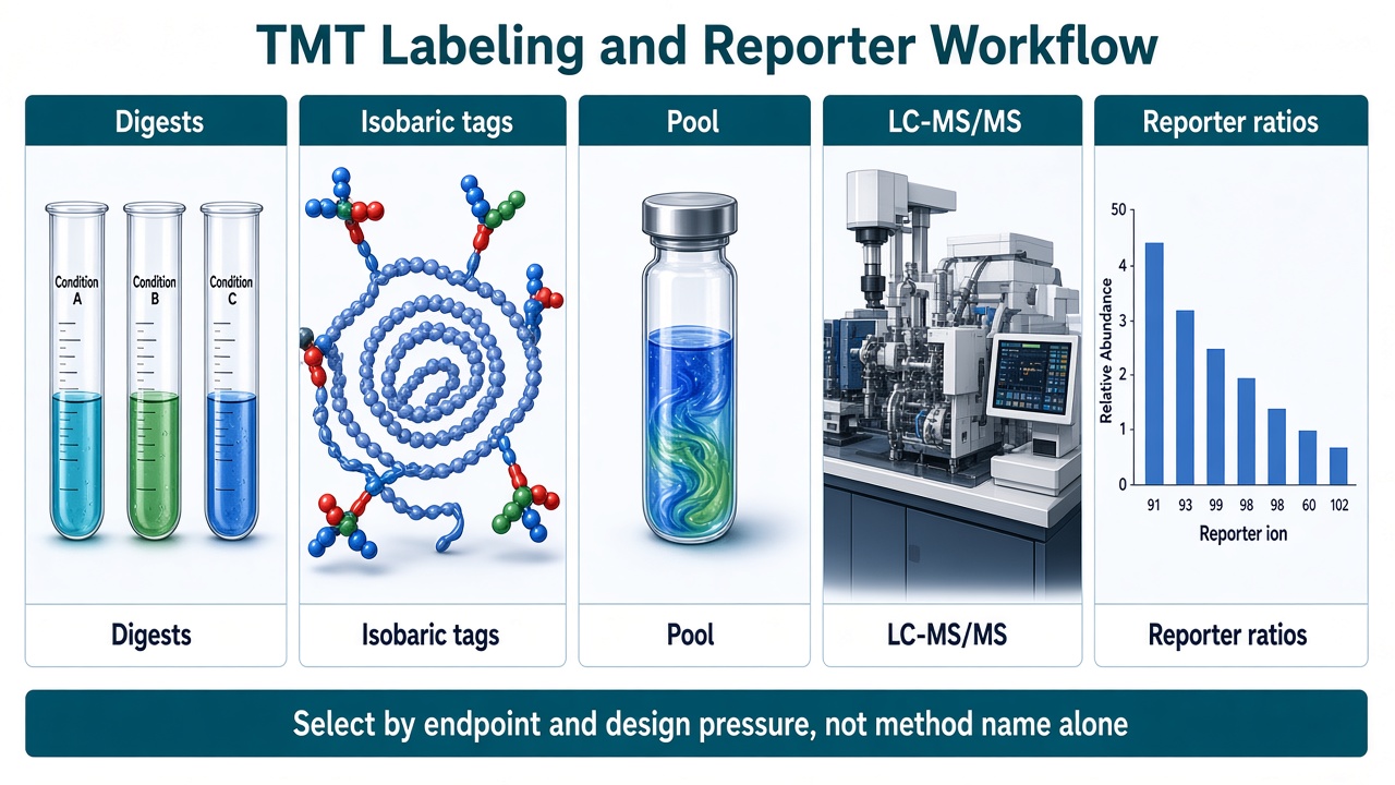 TMT workflow from channel labeling and pooling through LC-MS/MS to reporter-ion ratios TMT workflow from channel labeling and pooling through LC-MS/MS to reporter-ion ratios