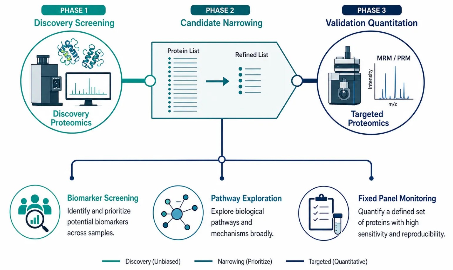Many projects begin with discovery screening and move to targeted quantitation once the protein panel is defined.