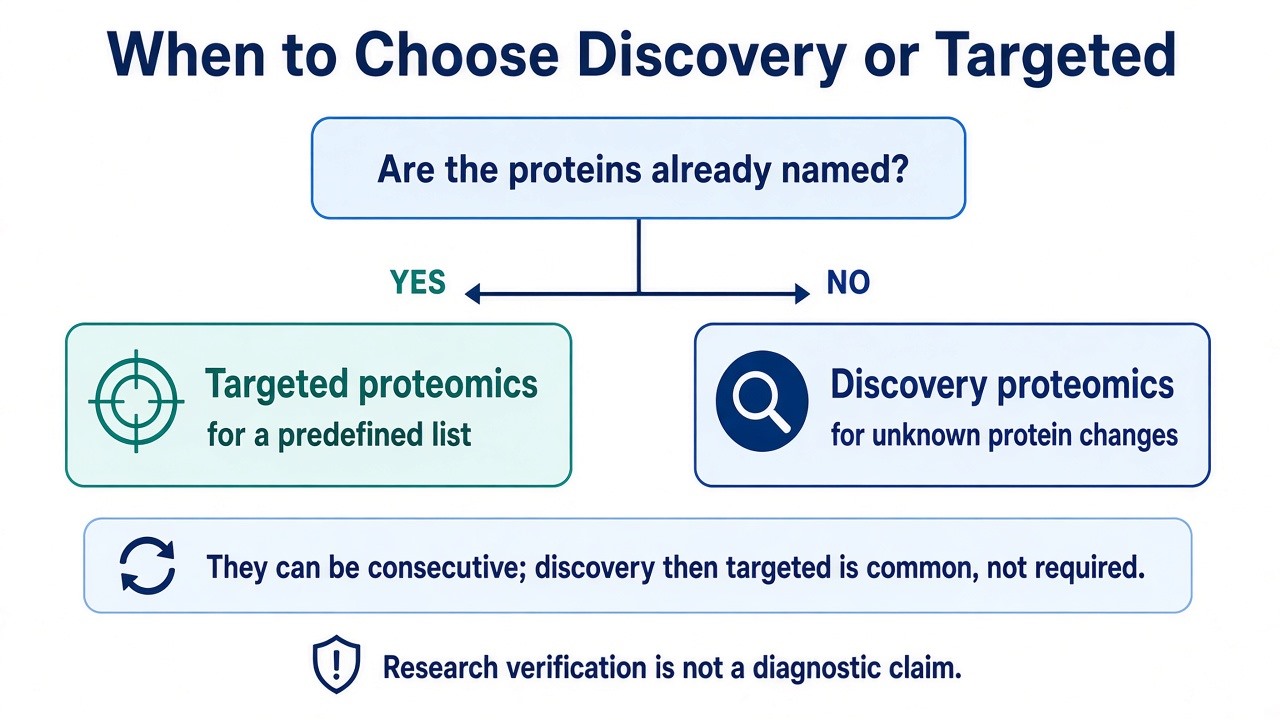 Decision view of discovery for unknown changes versus targeted measurement of named proteins Decision view of discovery for unknown changes versus targeted measurement of named proteins