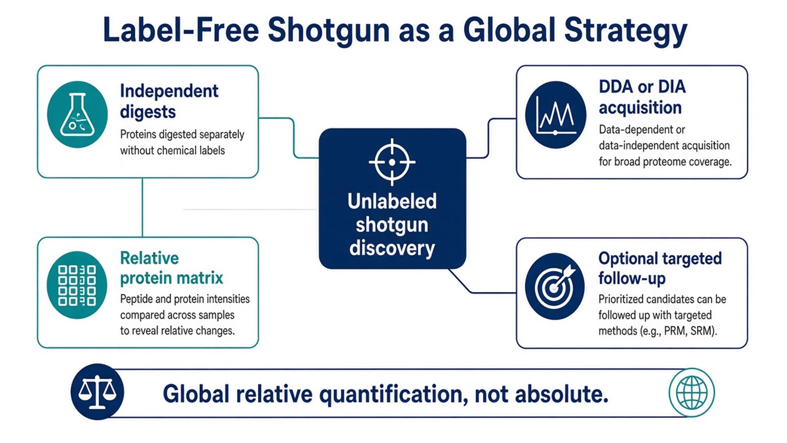 Strategy overview of unlabeled shotgun discovery linking independent digests, DDA or DIA acquisition, a relative protein matrix, and optional targeted follow-up Strategy overview of unlabeled shotgun discovery linking independent digests, DDA or DIA acquisition, a relative protein matrix, and optional targeted follow-up