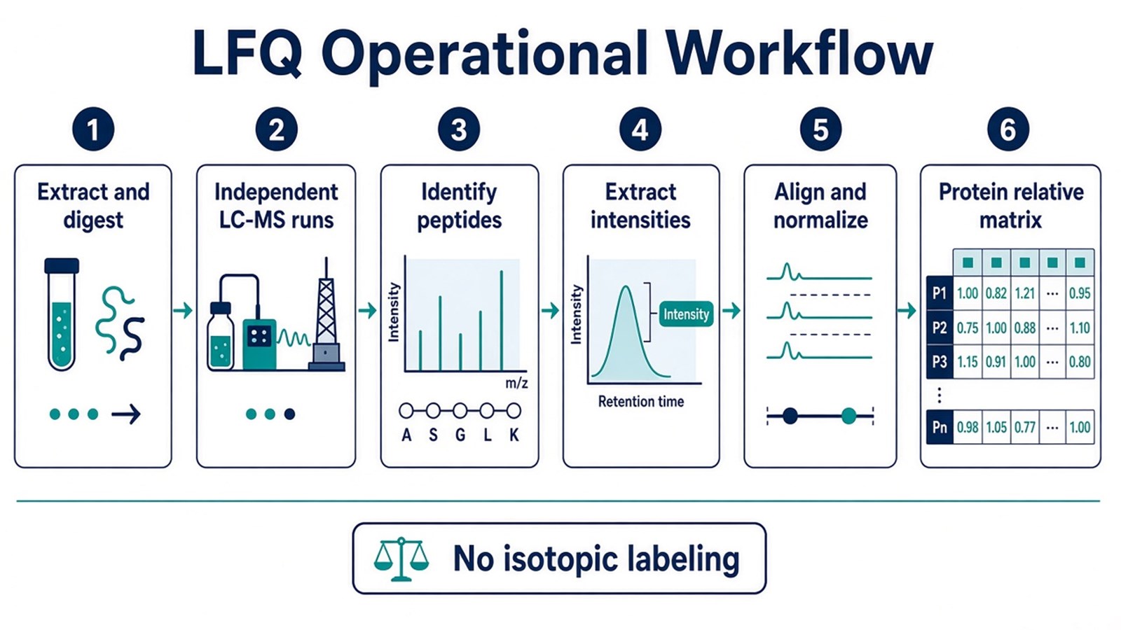 Six-step LFQ operational workflow from unlabeled digestion through independent LC-MS runs, identification, intensity extraction, alignment and normalization, to a relative protein matrix Six-step LFQ operational workflow from unlabeled digestion through independent LC-MS runs, identification, intensity extraction, alignment and normalization, to a relative protein matrix