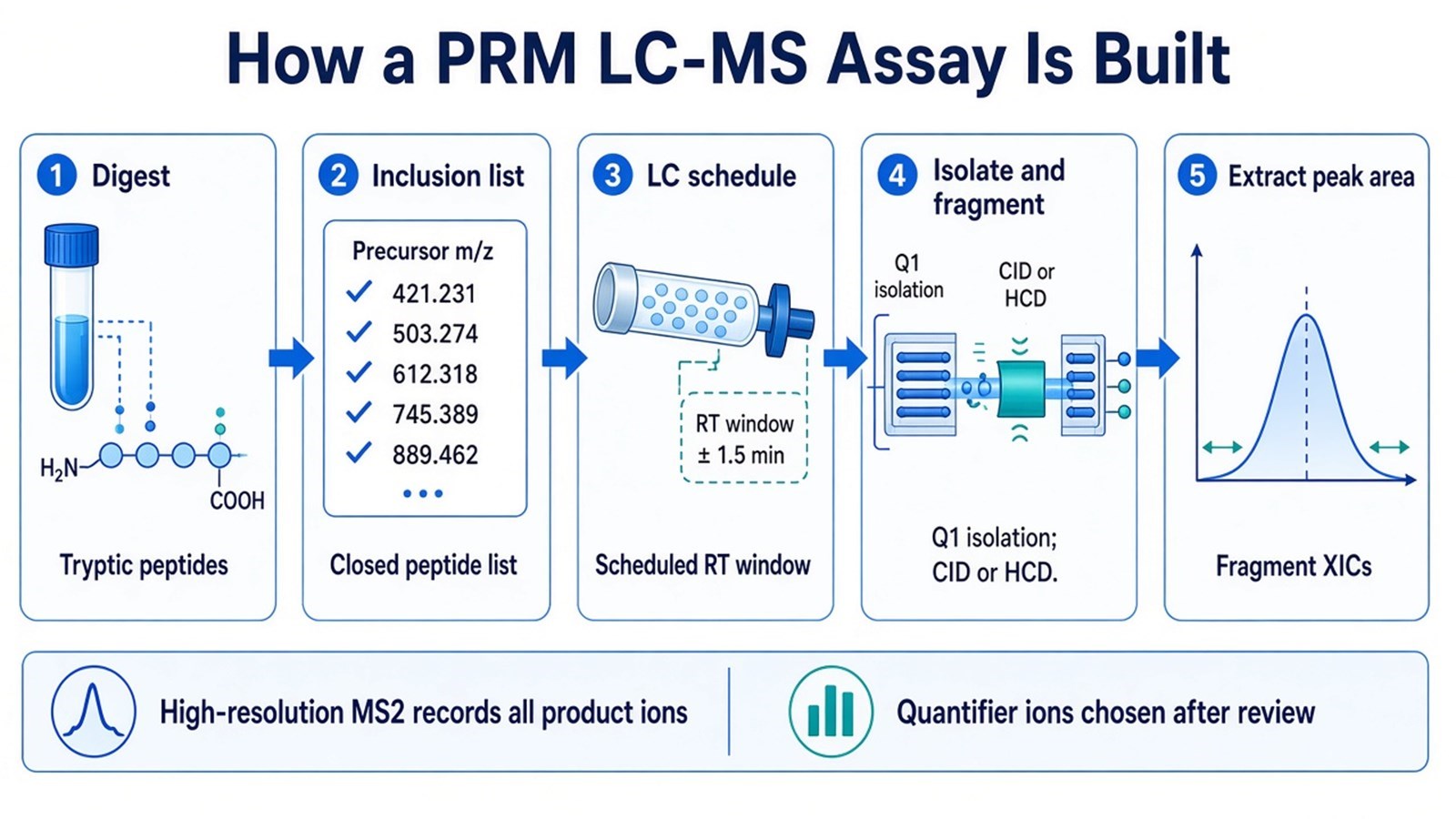 PRM LC-MS assay path from digest and inclusion list through LC scheduling, precursor isolation, high-resolution MS2, and fragment peak-area extraction