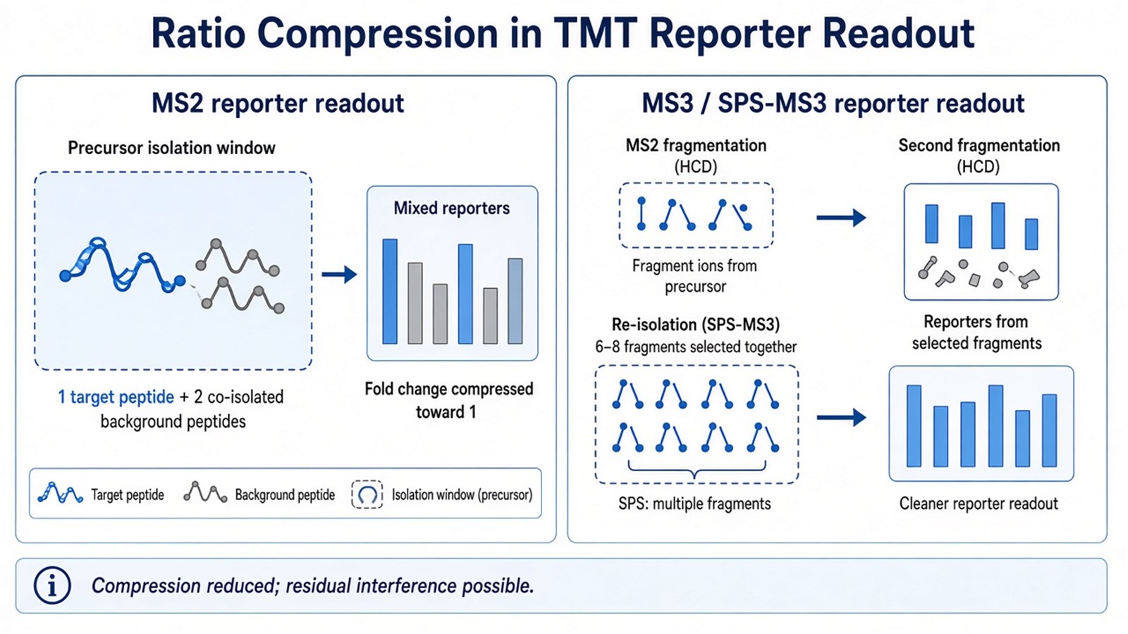 Schematic comparing MS2 co-isolated reporter mixing with MS3 and SPS-MS3 re-isolation of fragment ions for cleaner TMT reporter readout Schematic comparing MS2 co-isolated reporter mixing with MS3 and SPS-MS3 re-isolation of fragment ions for cleaner TMT reporter readout