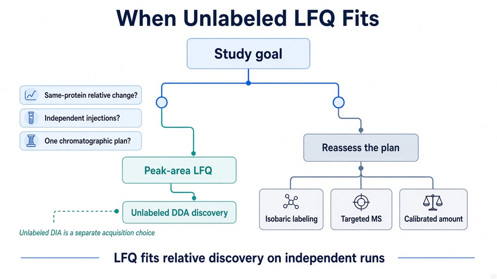 Decision schematic showing unlabeled LFQ as a fit for relative discovery on independent runs under one chromatographic plan, with isobaric labeling or targeted MS as reassessment routes