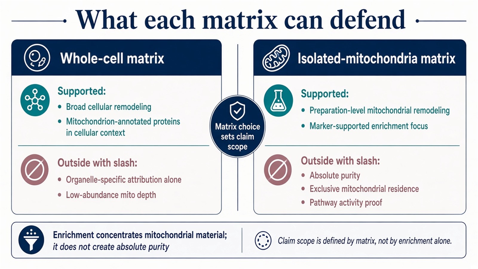 Claim limits for whole-cell versus isolated-mitochondria matrices: cellular context, enrichment profile, and what each table cannot defend Claim limits for whole-cell versus isolated-mitochondria matrices: cellular context, enrichment profile, and what each table cannot defend