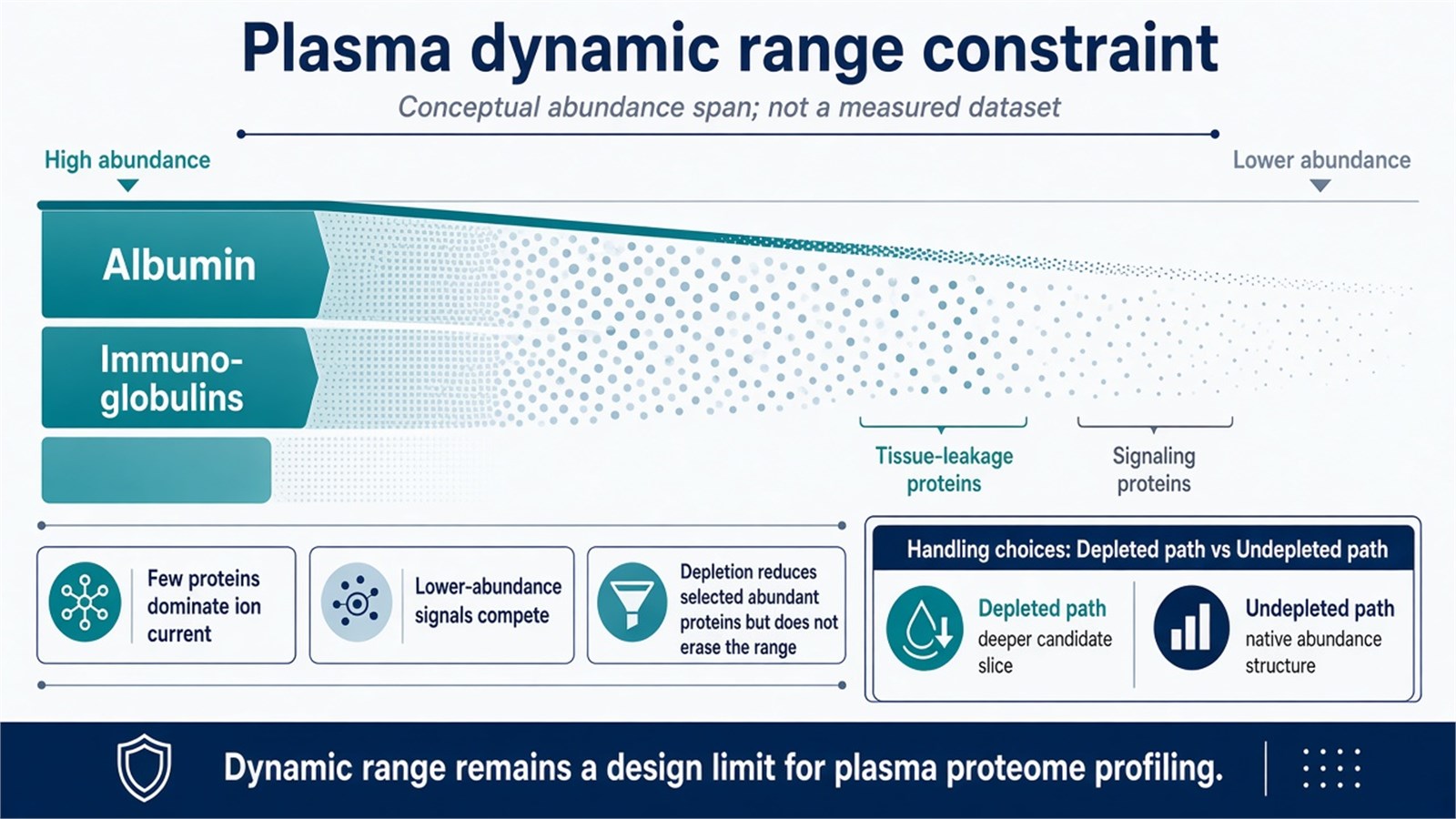 Conceptual plasma dynamic range schematic contrasting high-abundance proteins with lower-abundance signals, plus depleted versus undepleted handling choices Conceptual plasma dynamic range schematic contrasting high-abundance proteins with lower-abundance signals, plus depleted versus undepleted handling choices