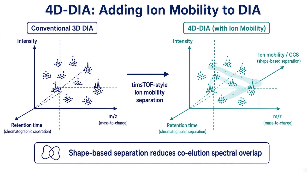 4D-DIA principle adding ion mobility as a fourth dimension to conventional DIA retention time, m/z, and intensity axes