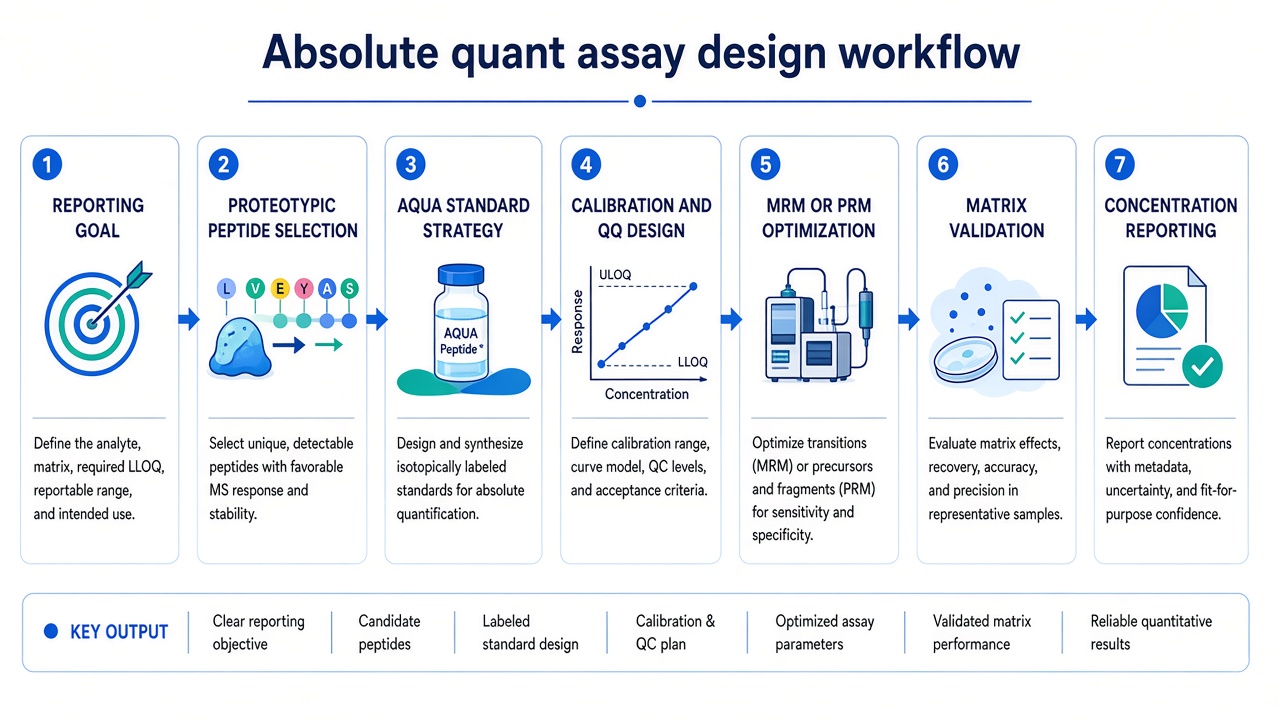 Assay design workflow from reporting goal definition through peptide selection, AQUA strategy, calibration, platform optimization, matrix validation, and QC reporting Assay design workflow from reporting goal definition through peptide selection, AQUA strategy, calibration, platform optimization, matrix validation, and QC reporting