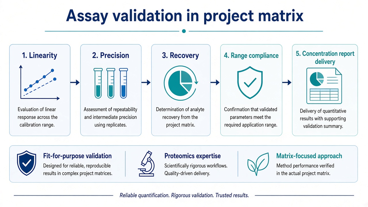 Assay validation schematic covering linearity, precision, recovery, range compliance, and concentration report delivery Assay validation schematic covering linearity, precision, recovery, range compliance, and concentration report delivery