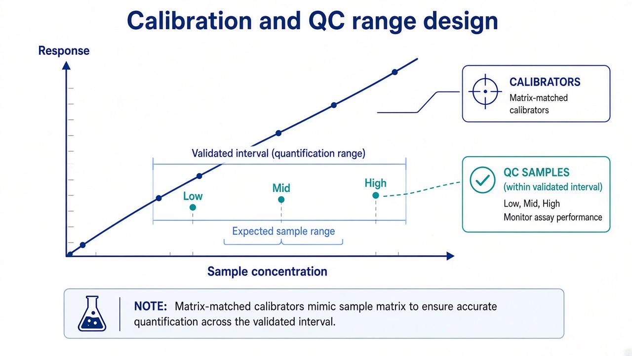 Calibration design schematic showing calibrator levels bracketing expected sample range and QC levels within the validated interval Calibration design schematic showing calibrator levels bracketing expected sample range and QC levels within the validated interval