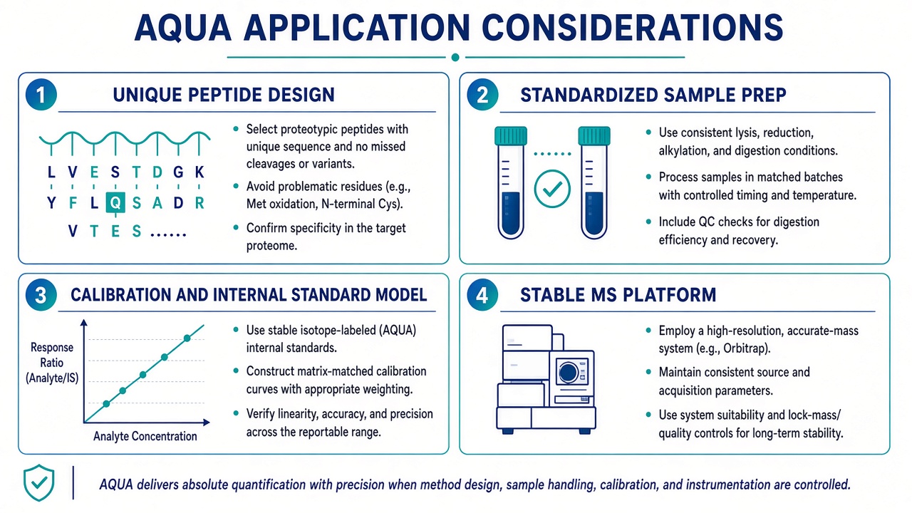 Key AQUA implementation considerations covering unique peptide design, standardized sample preparation, calibration with internal standards, and stable MS platform performance