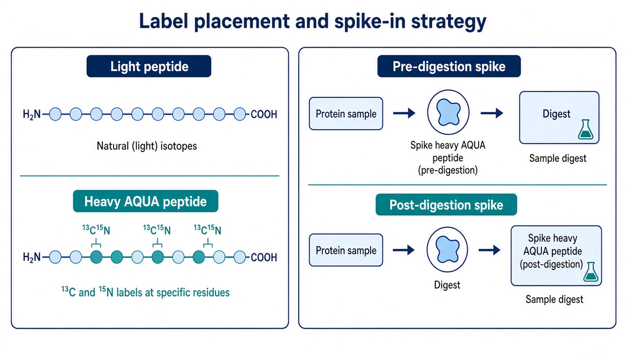 Schematic of light versus heavy AQUA peptide label placement and pre-digestion versus post-digestion spike-in strategy Schematic of light versus heavy AQUA peptide label placement and pre-digestion versus post-digestion spike-in strategy