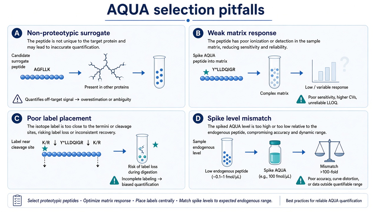 Common AQUA peptide selection pitfalls including non-proteotypic surrogates, weak matrix response, poor label placement, and spike level mismatch Common AQUA peptide selection pitfalls including non-proteotypic surrogates, weak matrix response, poor label placement, and spike level mismatch