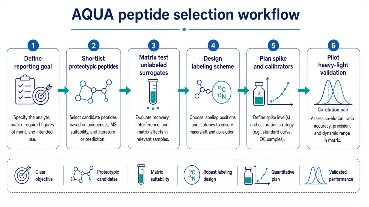 Workflow from reporting goal definition through proteotypic shortlisting, matrix testing, label design, spike planning, and pilot heavy-light validation Workflow from reporting goal definition through proteotypic shortlisting, matrix testing, label design, spike planning, and pilot heavy-light validation
