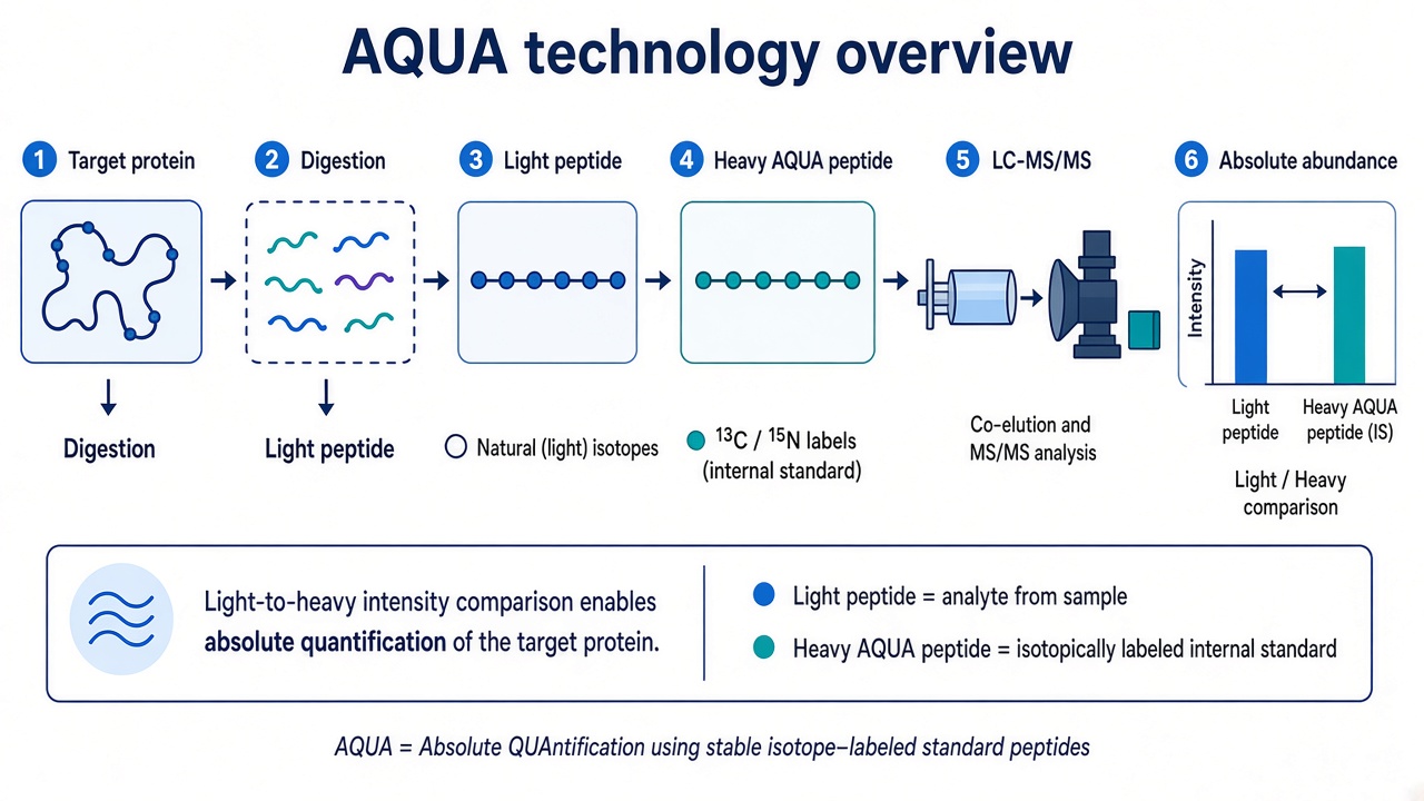 Schematic of AQUA technology from protein digestion through heavy peptide internal standard spike-in to light-heavy comparison for absolute abundance