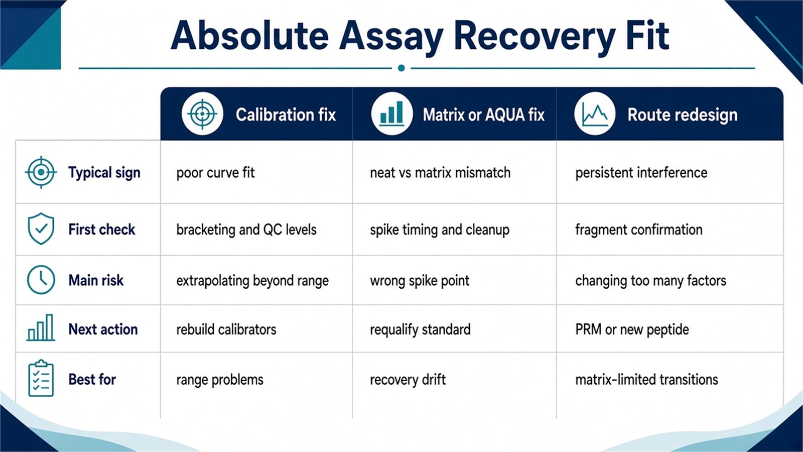 Choosing absolute assay recovery actions by calibration fit, matrix recovery, AQUA integrity, and whether PRM or peptide redesign is required Choosing absolute assay recovery actions by calibration fit, matrix recovery, AQUA integrity, and whether PRM or peptide redesign is required