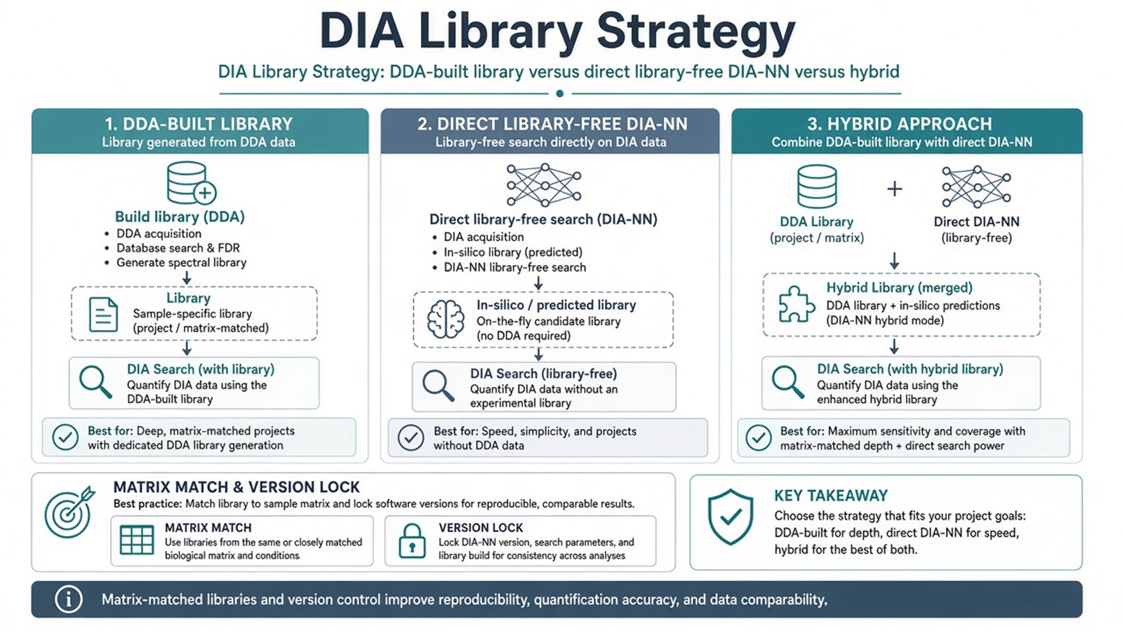 DIA proteomics library strategy map comparing DDA-built libraries, project libraries, and library-free direct DIA extraction under FDR control DIA proteomics library strategy map comparing DDA-built libraries, project libraries, and library-free direct DIA extraction under FDR control