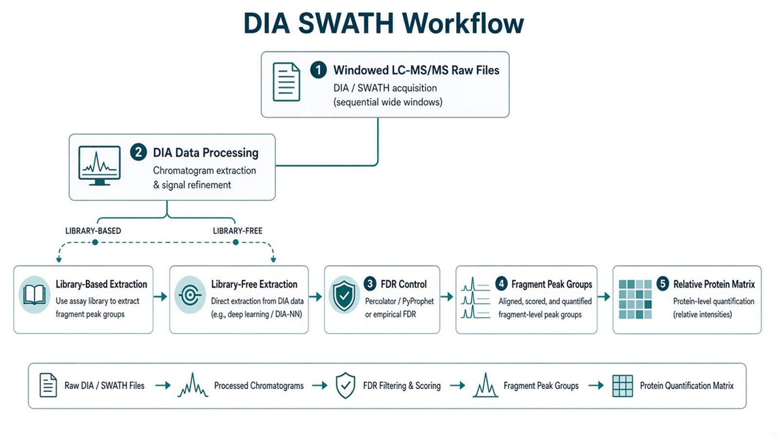 DIA and SWATH workflow from windowed LC-MS/MS files through library or library-free extraction, FDR control, and relative protein matrices for biomedical applications