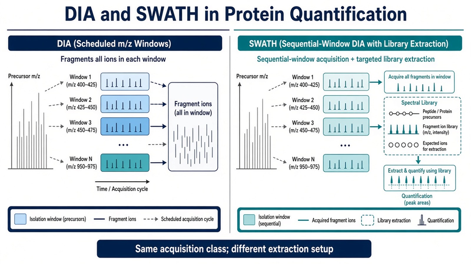 Schematic of DIA scheduled windows beside SWATH as one sequential-window, often library-based extraction setup