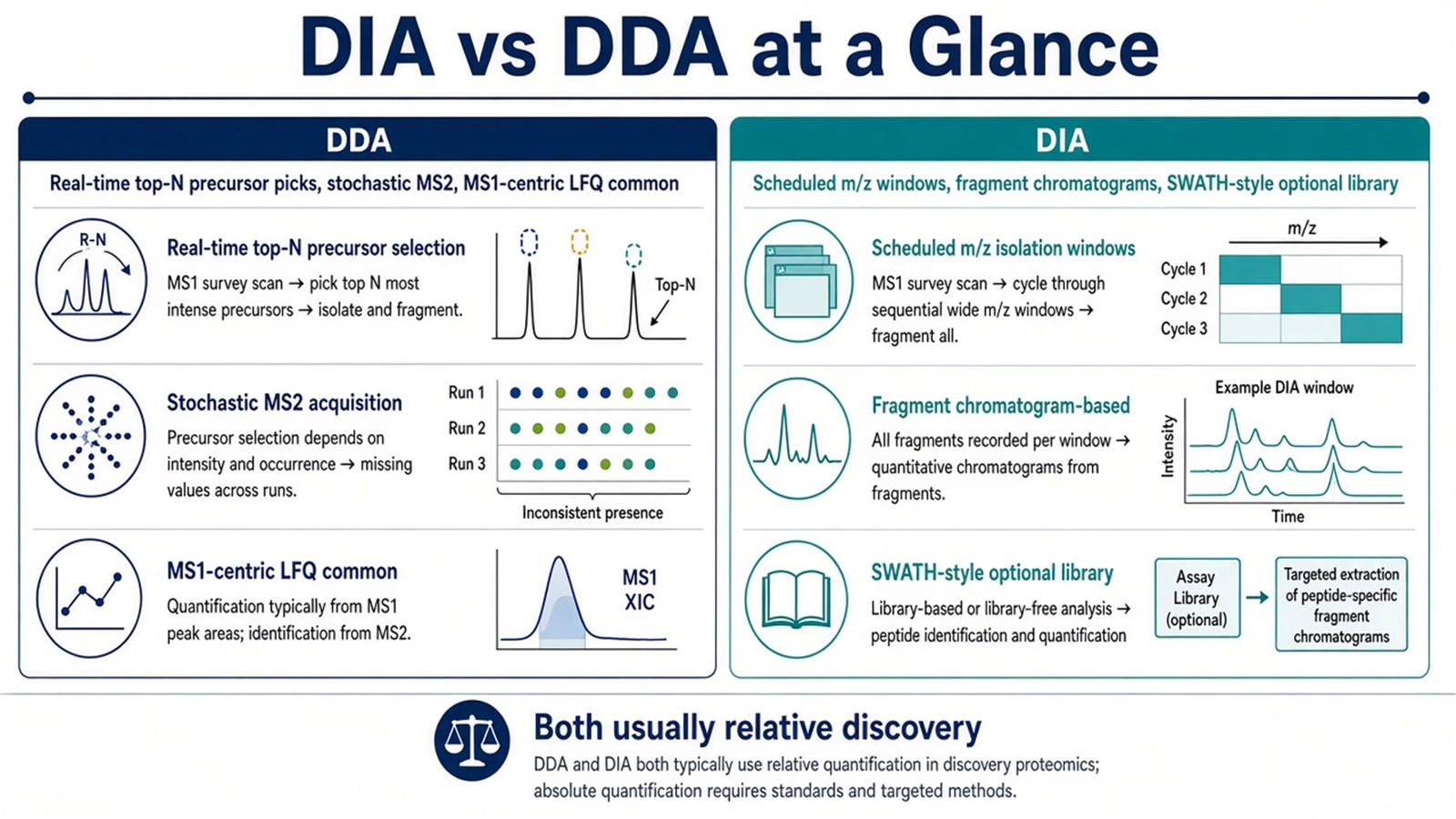 Two-column comparison of DDA top-N precursor picks and MS1-centric LFQ versus DIA scheduled windows and fragment chromatograms Two-column comparison of DDA top-N precursor picks and MS1-centric LFQ versus DIA scheduled windows and fragment chromatograms
