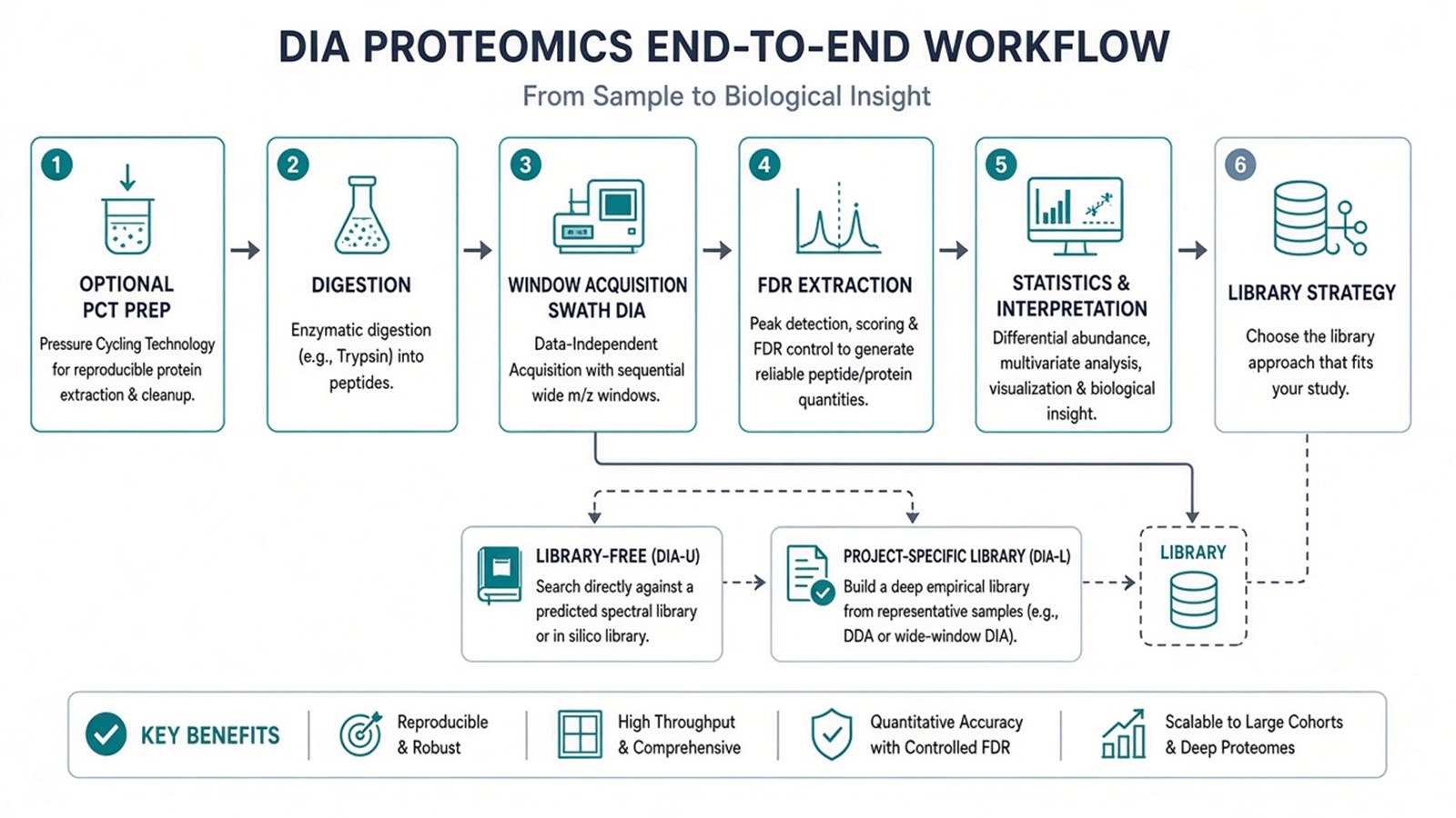 DIA proteomics workflow from optional PCT prep through digestion, windowed acquisition, library strategy, and FDR-controlled data analysis DIA proteomics workflow from optional PCT prep through digestion, windowed acquisition, library strategy, and FDR-controlled data analysis