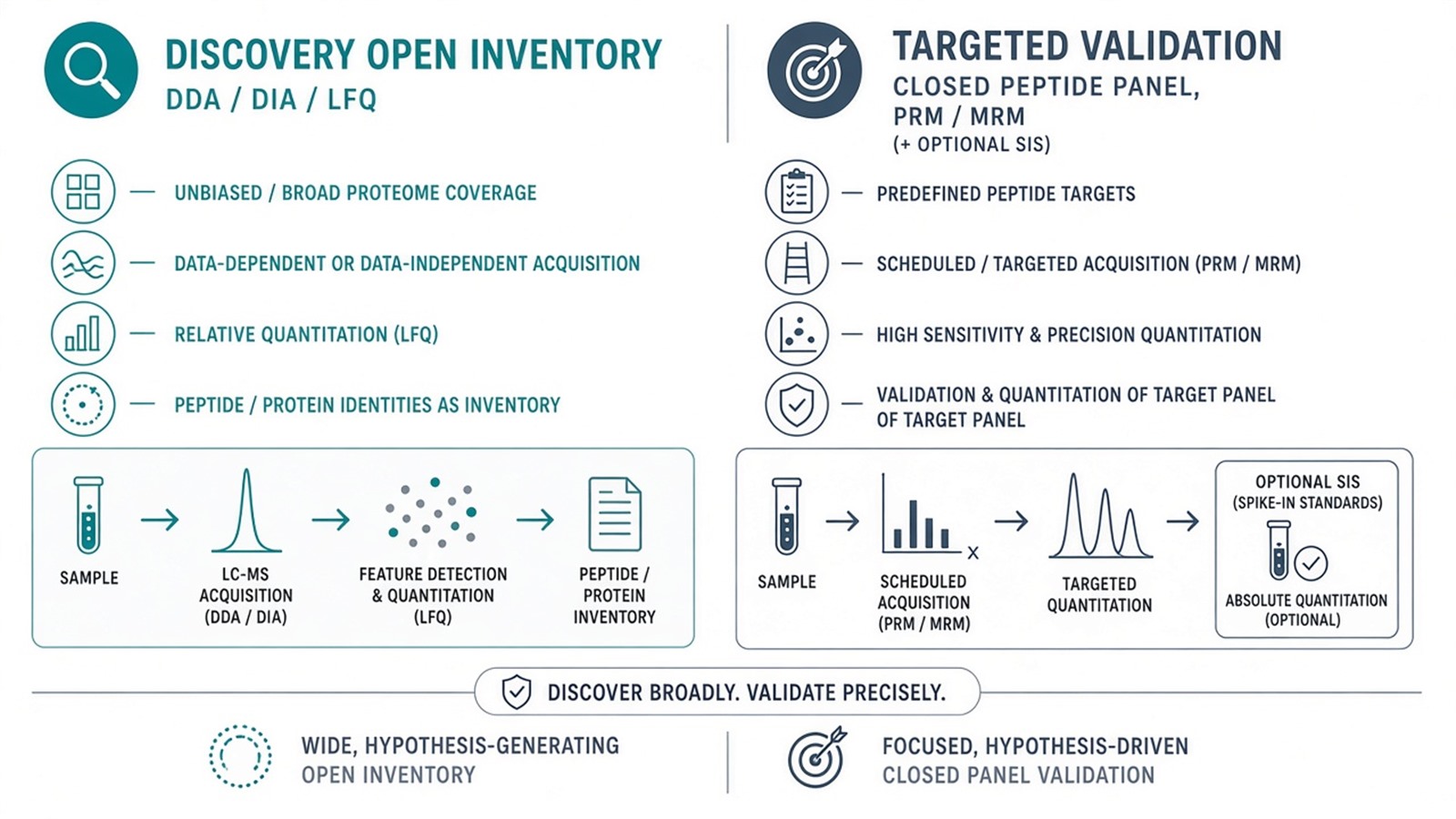 Side-by-side contrast of open discovery inventories versus closed targeted validation panels using PRM or MRM with optional SIS