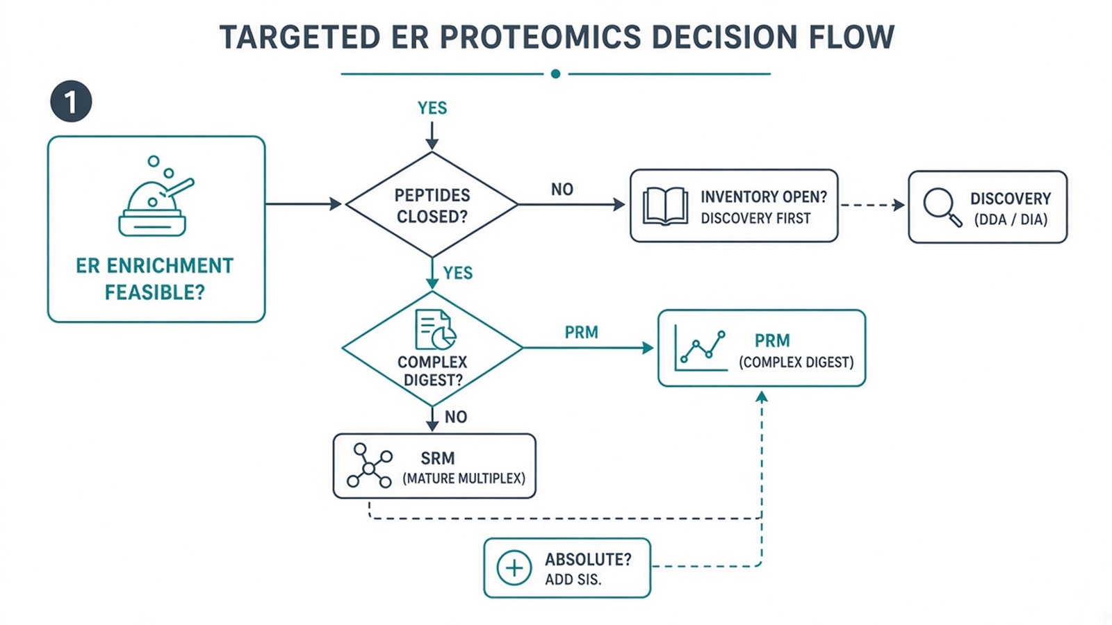 Decision flow for targeted ER proteomics using PRM or SRM versus discovery enrichment or SIS absolute designs Decision flow for targeted ER proteomics using PRM or SRM versus discovery enrichment or SIS absolute designs