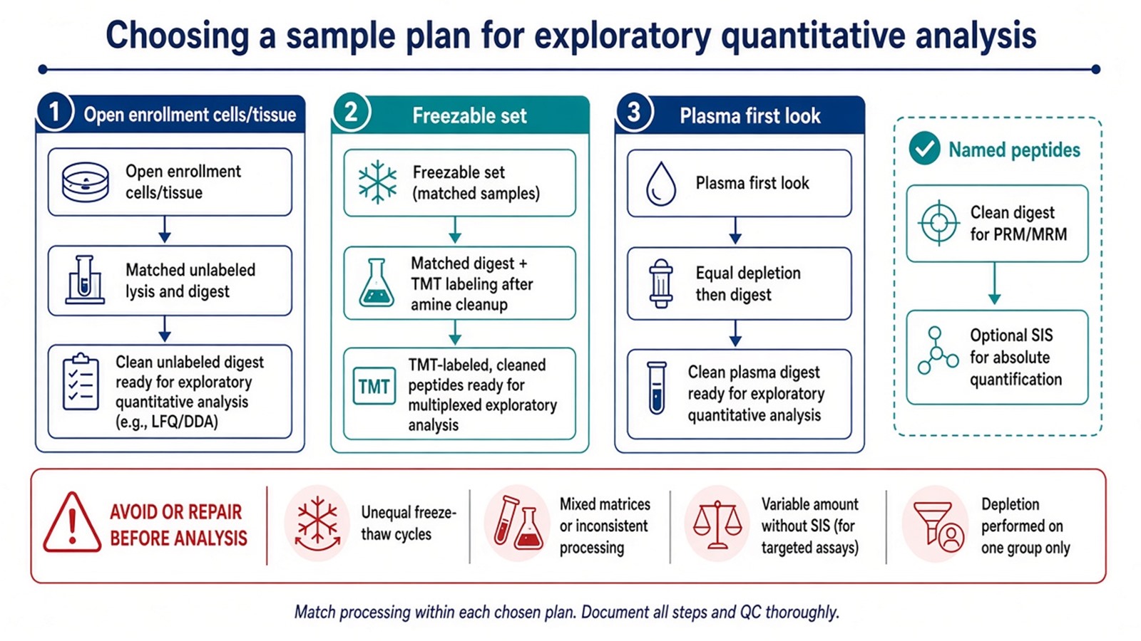 Choosing sample plans for exploring quantitative analysis by open cohorts, freezable TMT sets, plasma prep, and relative versus SIS claims