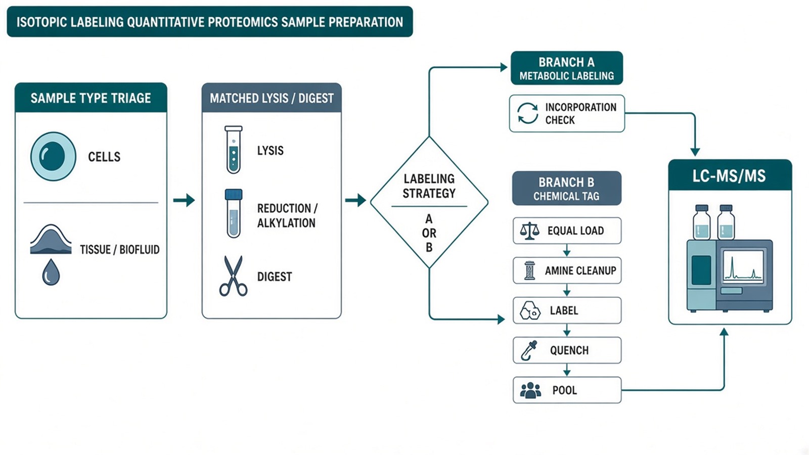 Workflow from sample-type triage through matched lysis and digest, then branching into metabolic incorporation or chemical tag, quench, and pool before LC-MS/MS Workflow from sample-type triage through matched lysis and digest, then branching into metabolic incorporation or chemical tag, quench, and pool before LC-MS/MS