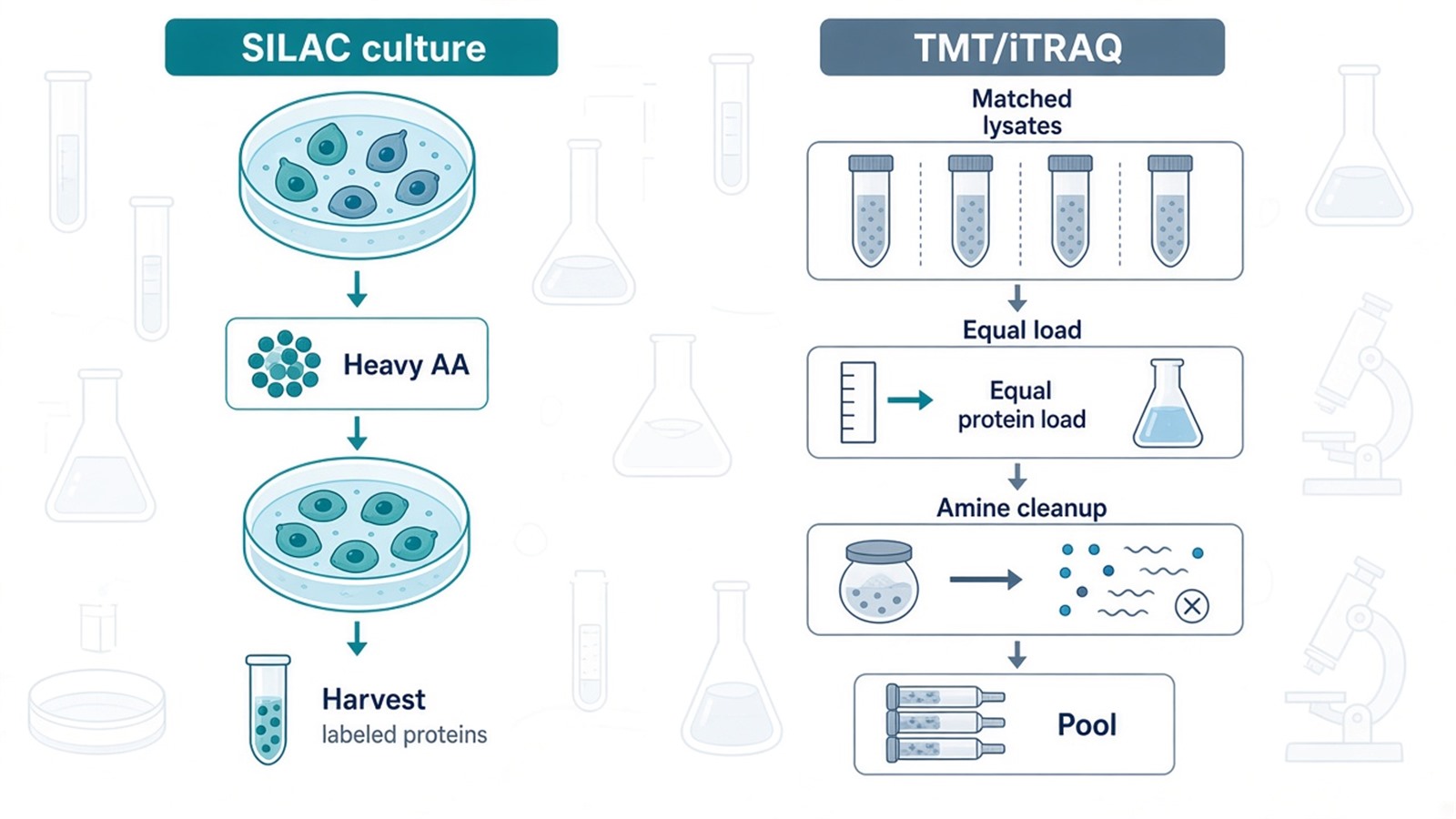 Two-column comparison of SILAC metabolic labeling in culture versus TMT or iTRAQ chemical tagging after matched lysis and amine cleanup Two-column comparison of SILAC metabolic labeling in culture versus TMT or iTRAQ chemical tagging after matched lysis and amine cleanup