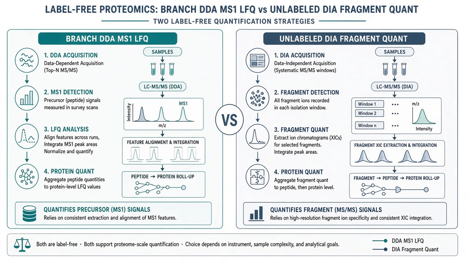 Branch within label-free mass spectrometry workflow between DDA MS1 LFQ and unlabeled DIA fragment quantification