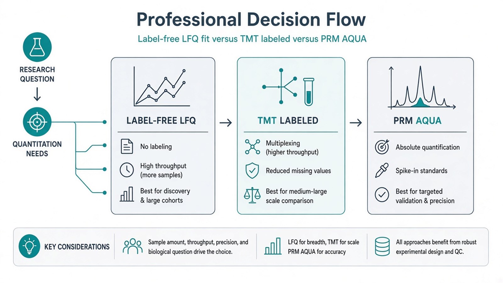 Decision flow for performing label-free quantitative proteomics versus TMT labeling or targeted PRM and AQUA routes