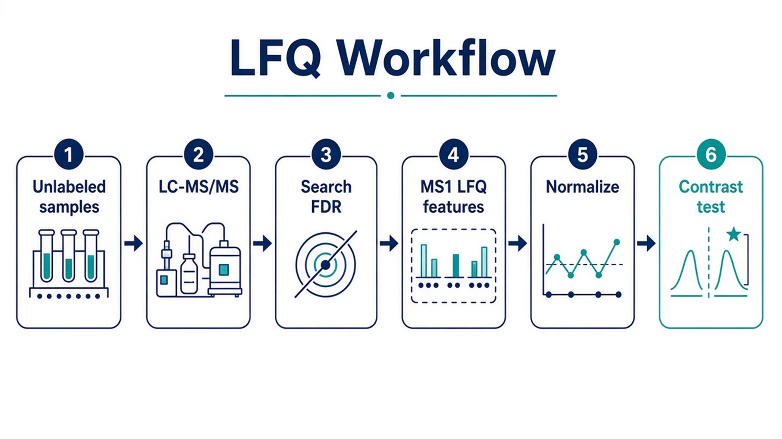 LFQ workflow on label-free LC-MS/MS from matched prep and separate injections through search, normalization, and frozen contrast testing LFQ workflow on label-free LC-MS/MS from matched prep and separate injections through search, normalization, and frozen contrast testing
