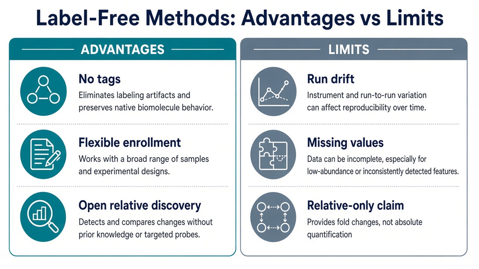 Two-column overview of label-free quantification advantages such as no labeling and flexible enrollment versus limits including drift, missing values, and relative-only claims Two-column overview of label-free quantification advantages such as no labeling and flexible enrollment versus limits including drift, missing values, and relative-only claims