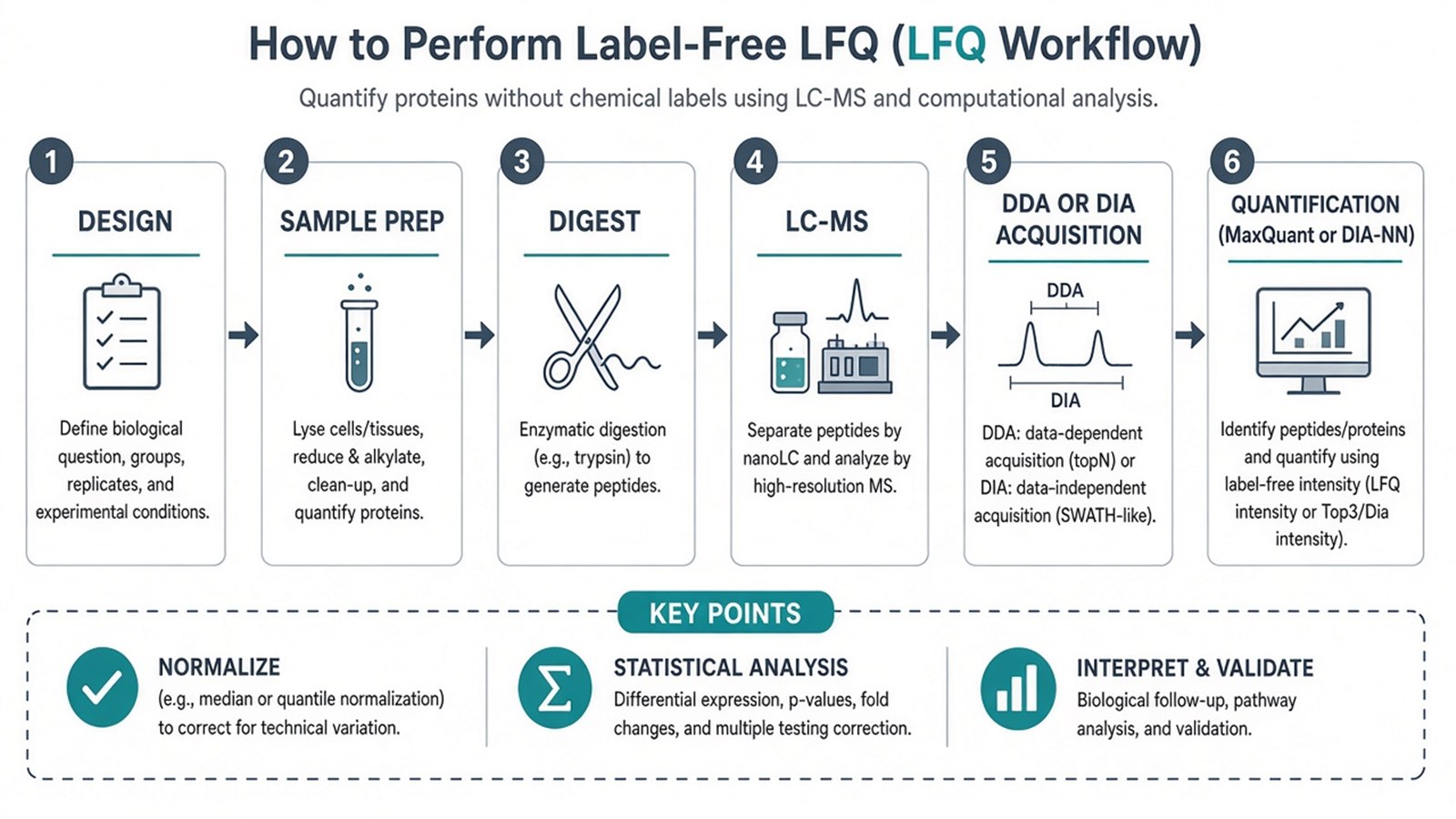 How to perform label-free quantitative proteomics using mass spectrometry from matched prep through independent LC-MS runs, intensity extraction, normalization, and contrast testing