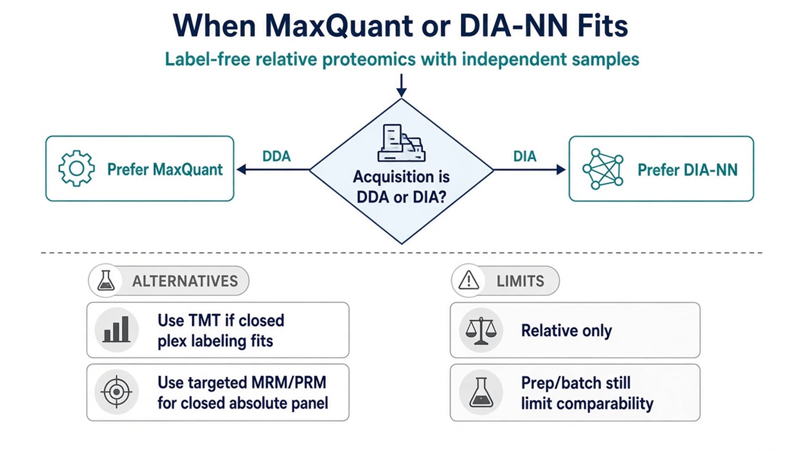 Decision flow from label-free independent samples to MaxQuant for DDA or DIA-NN for DIA, with TMT and targeted absolute alternatives Decision flow from label-free independent samples to MaxQuant for DDA or DIA-NN for DIA, with TMT and targeted absolute alternatives