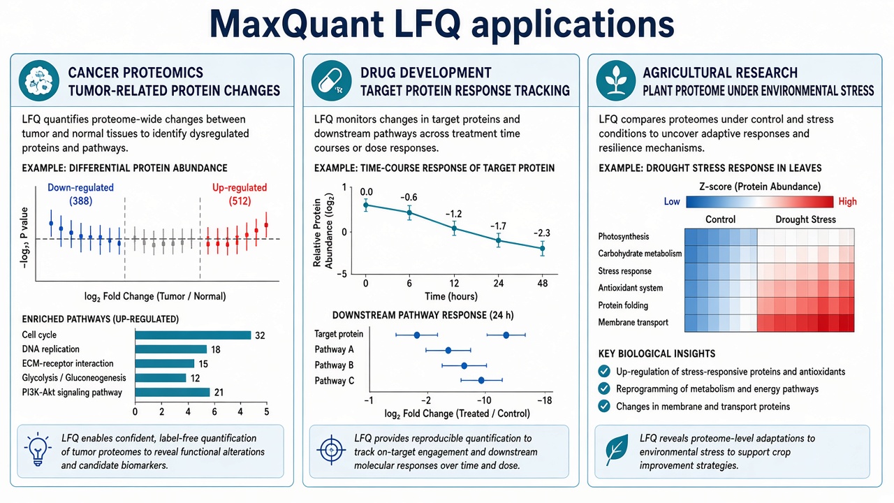 Application domains for MaxQuant label-free quantification including cancer research, drug development, and agricultural proteomics Application domains for MaxQuant label-free quantification including cancer research, drug development, and agricultural proteomics