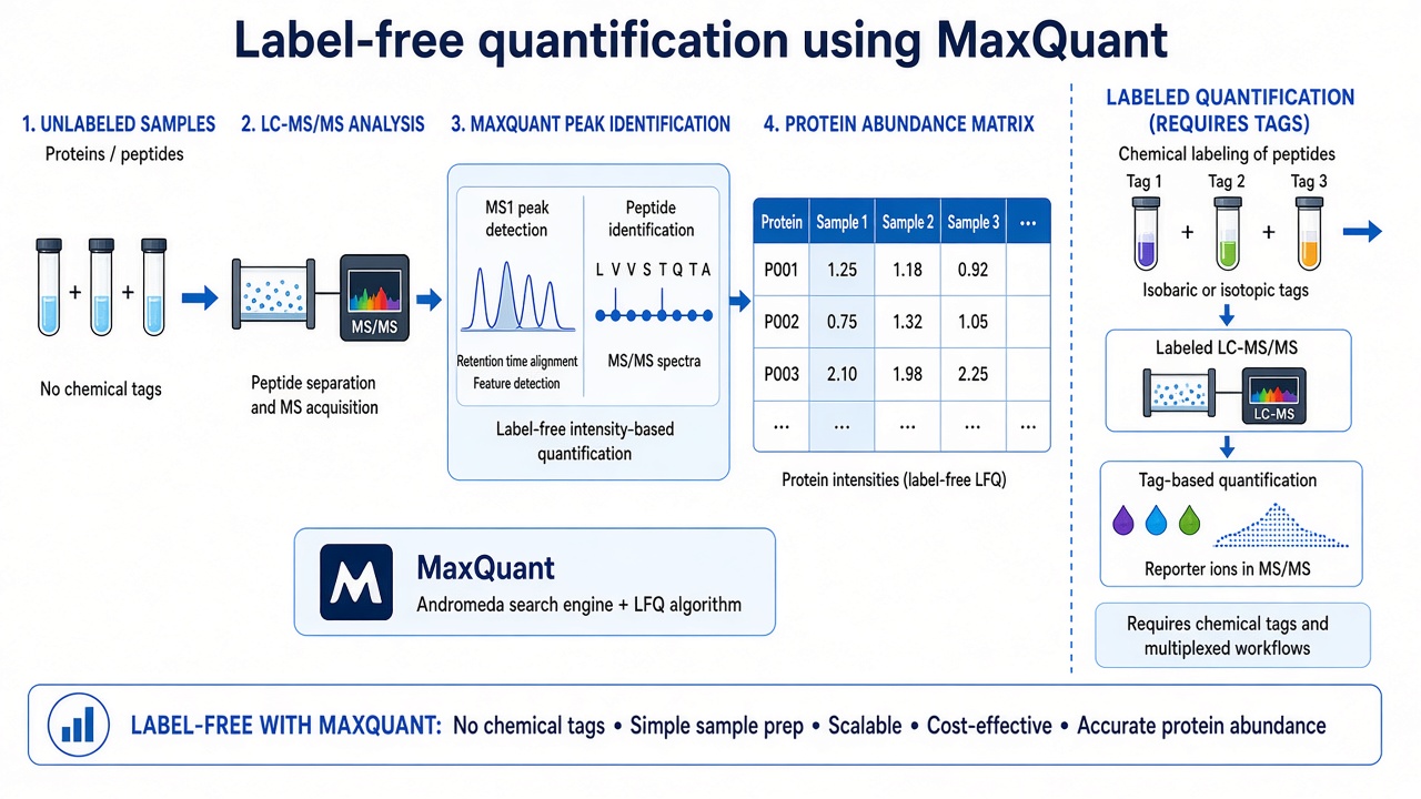 Concept diagram of label-free quantification using MaxQuant from unlabeled LC-MS/MS samples to protein abundance reporting without chemical labeling Concept diagram of label-free quantification using MaxQuant from unlabeled LC-MS/MS samples to protein abundance reporting without chemical labeling
