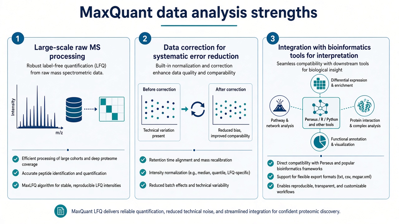 MaxQuant label-free data analysis strengths including large-scale processing, systematic error correction, and bioinformatics integration MaxQuant label-free data analysis strengths including large-scale processing, systematic error correction, and bioinformatics integration
